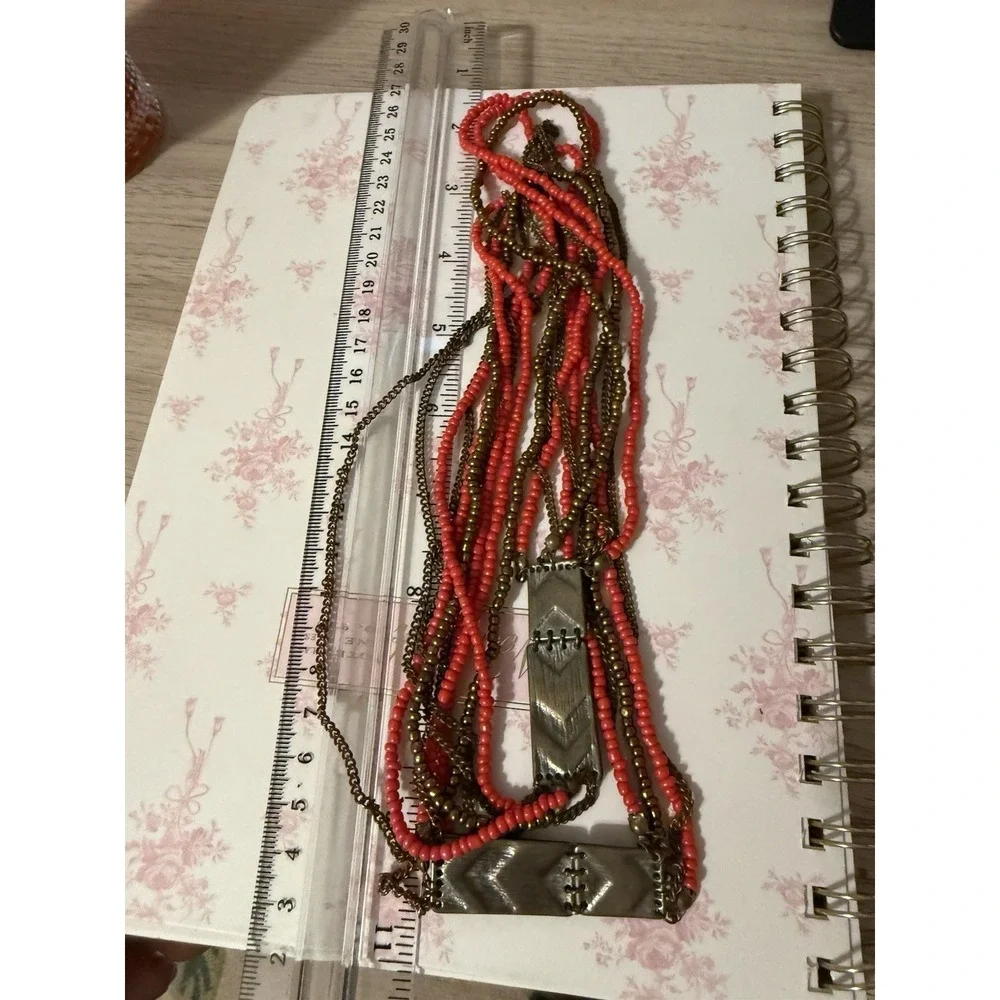 Boho Multi Strand Red Seed Bead & Brass Chain Chevron Statement Necklace 28
